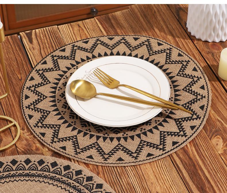 Large Round Jute Placemat Bohemian INS Style Silk Screen Printed Heat Resistant Table Mat Insulation Pad for Kitchen Dining Home Decoration
