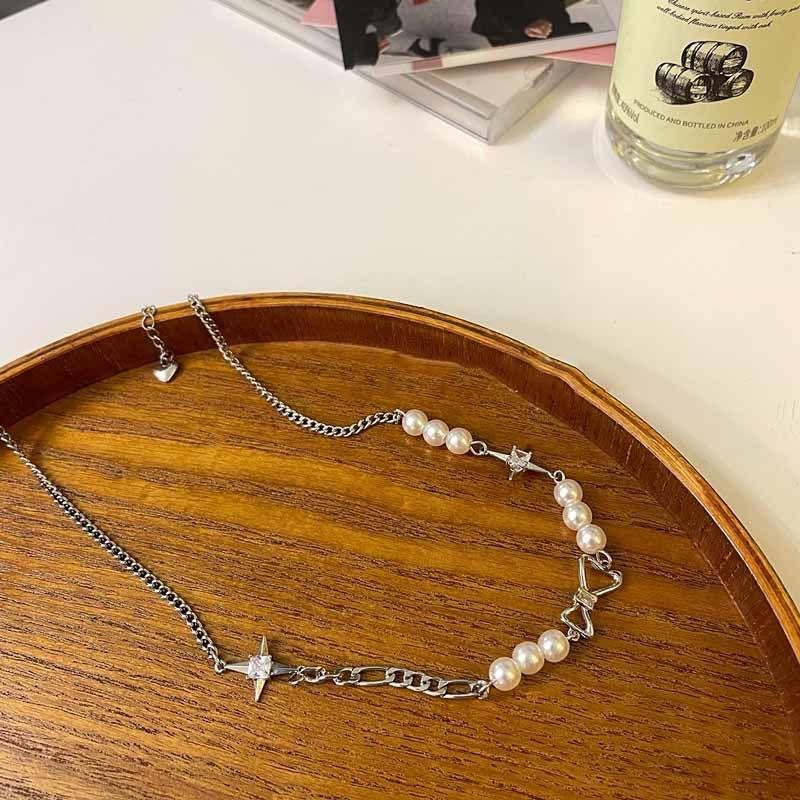 Imitation pearl splicing necklace women's temperament bow pendant light luxury niche design versatile collarbone chain