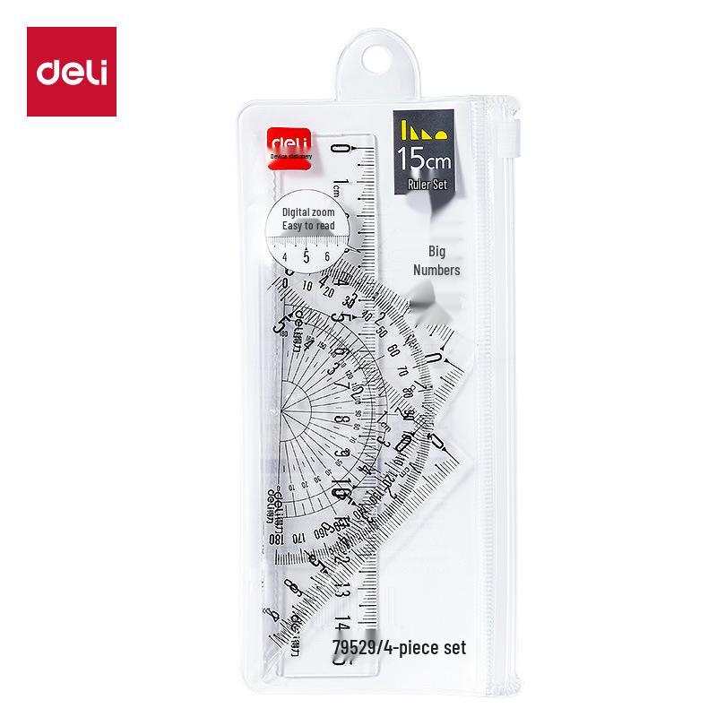 Large 4-Piece Ruler Set: 15cm Straight Ruler, Triangle, Protractor by Deli 15 cm
