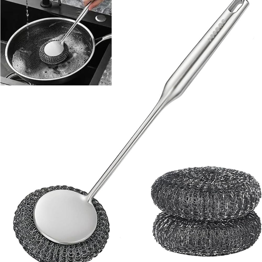 

304 Stainless Steel Wool Scrubber Set with Stainless Steel Handle – Ideal for Cleaning Dishes, Cast Iron, Stock Pots, Pans, Griddles, and Grills