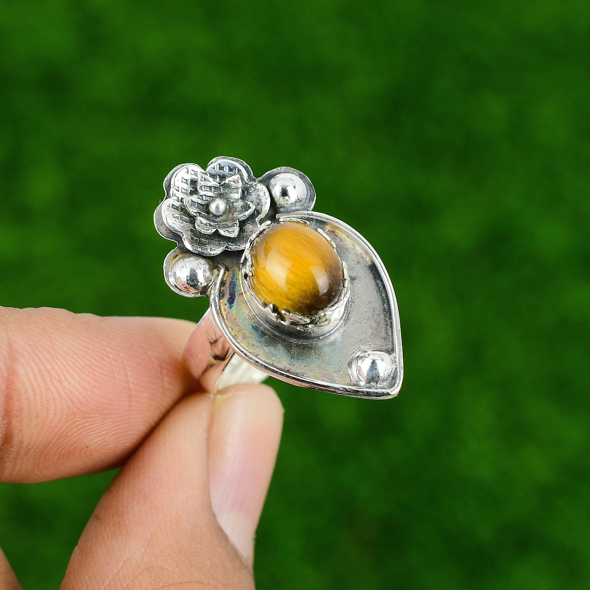 

Natural Tiger S Eye Gemstone Multi Stone Flower Adjustable Ring 925 Silver Adjustable