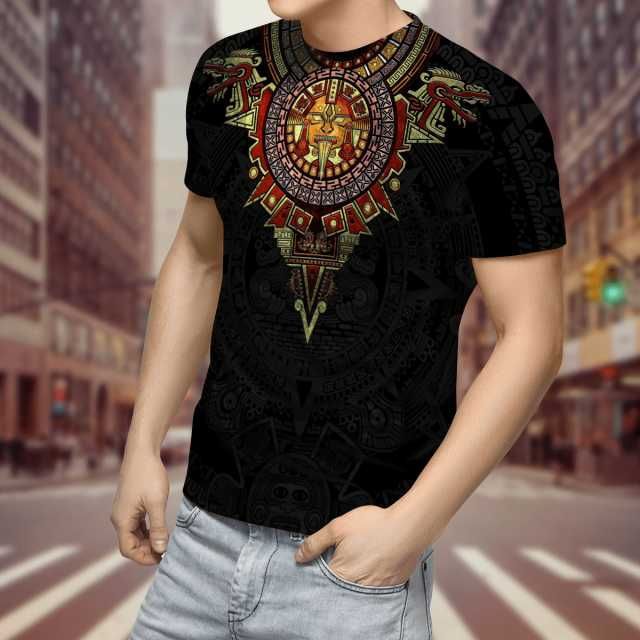 Summer Round Neck 3D Aztec Inspired Pattern Print Top Fashionable Casual Short Sleeved Men's T-shirts