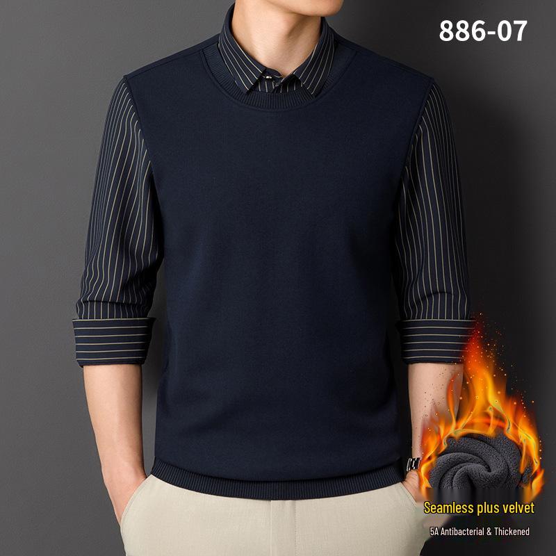 

Men s Khaki Plaid Knit Faux Two-Piece Antibacterial Velvet Warm Shirt XL (60-70 kg)