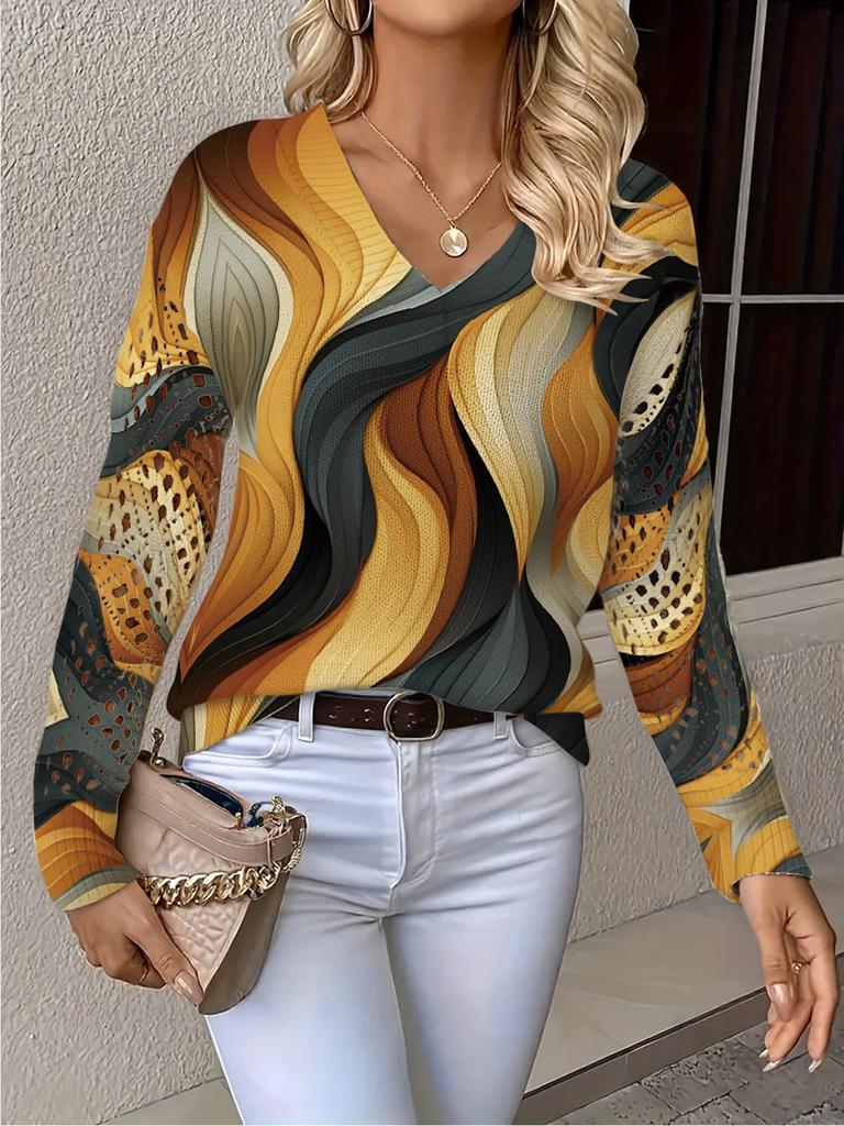 Neues bedrucktes V-Ausschnitt-Oberteil Damen beliebter Pullover Langarm Frühling und Herbst Pullover