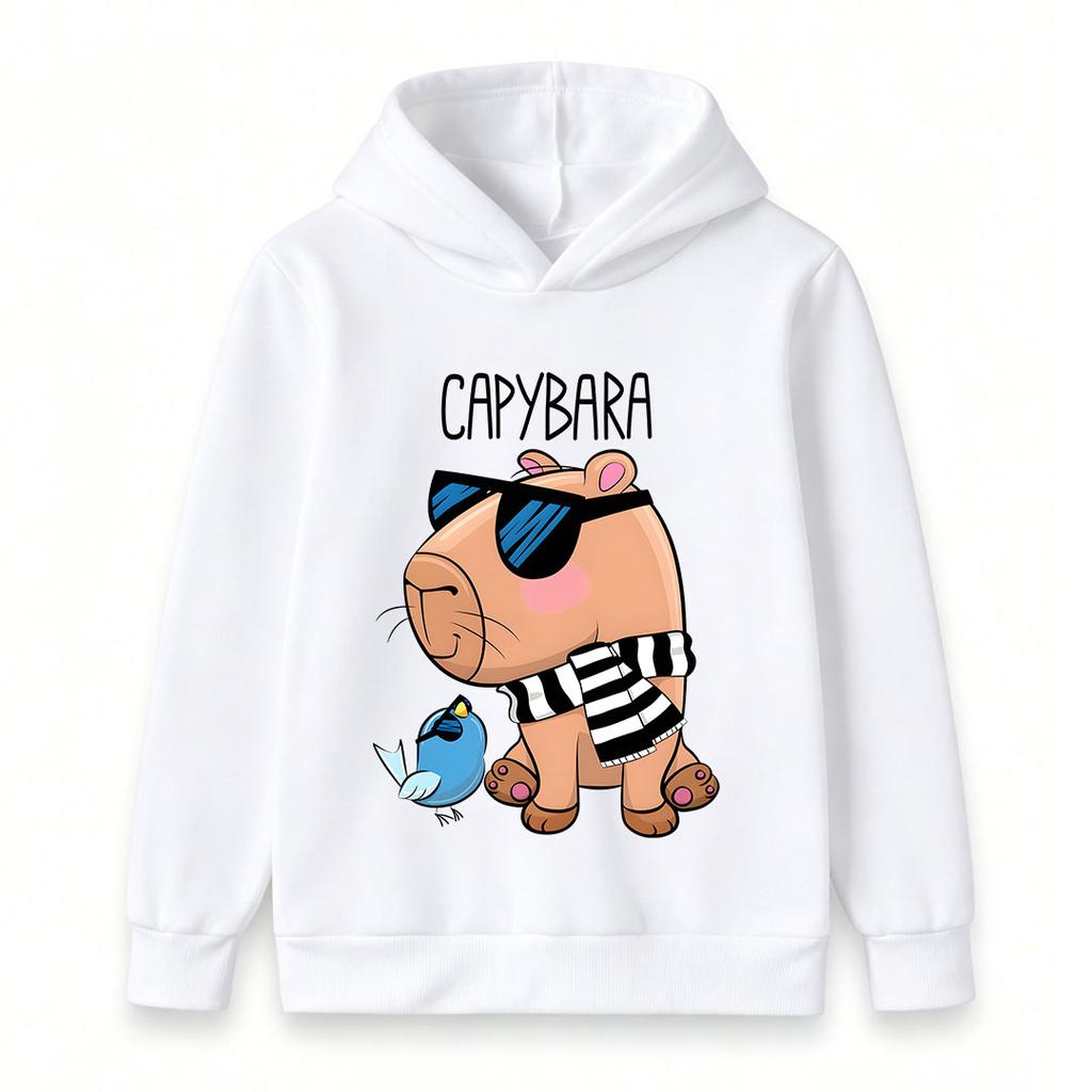 Kids Boys Girls Pullover Hoodie, Cool Capybara Wearing Sunglasses Print Casual Hooded Sweatshirt, Cute Blue Bird Pattern Soft Warm Lightweight Top