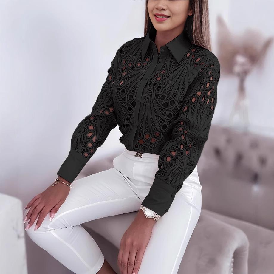2024 Vielseitiges Damen-Spitzen-Hollow-Langarmshirt für Frühling & Herbst