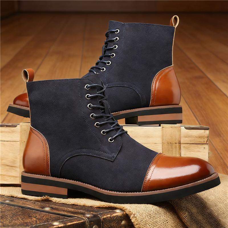 New Designer Pointed Mixed Color Lace Up Business Casual Ankle Boot for Men Winter High Tops Motorcycle Chelsea Leather Shoes
