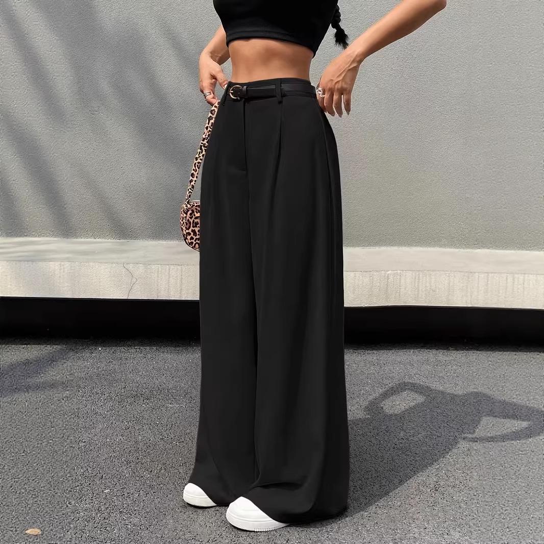 

Womens Black Wide-Leg Casual Pants with Button and Zipper S чёрный