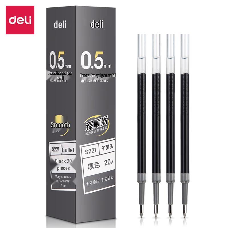Deli S221 Ret retractable Gel Pen Refill, 0.5mm, Black (20-Pack)