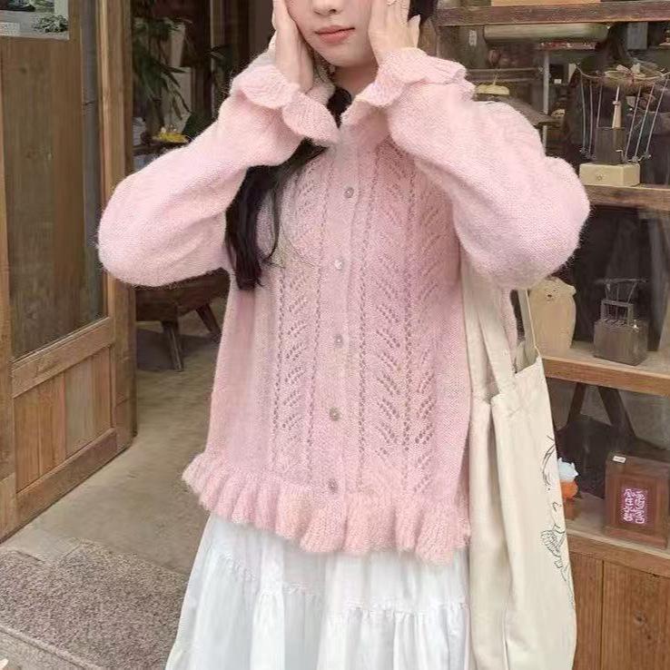 Spring 2026 Women's Gentle Hollow Knit Cardigan with Sweet Lace Hem