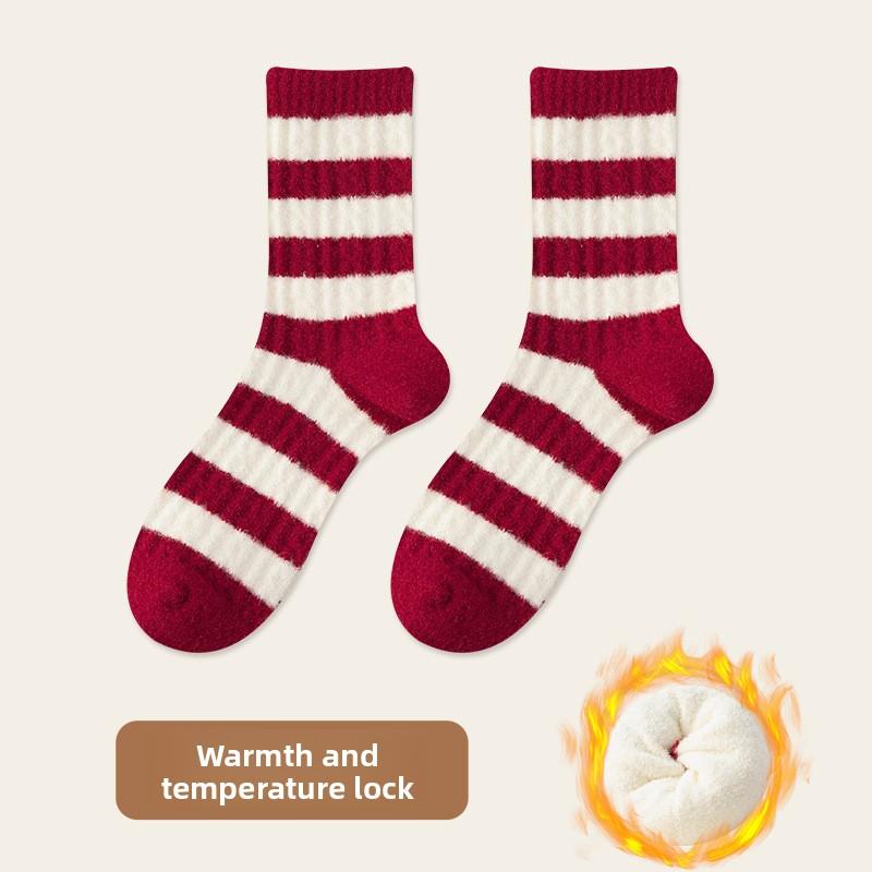 Autumn and Winter Australian Wool Red Sock Children's Striped Mid-calf Socks with Added Padding for Extra Warmth and Insulation in Winter.