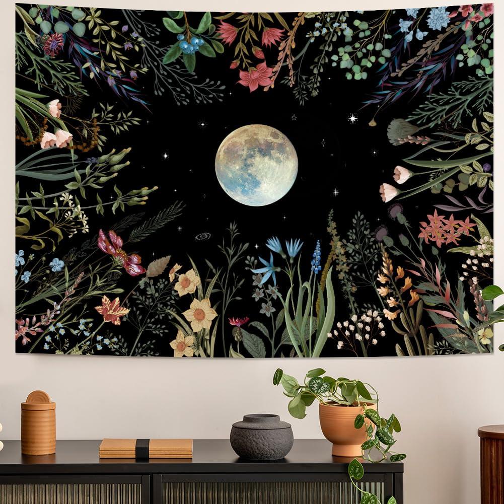 VIKAMA Moonlit Garden Tapestry Dark Forest Floral  Full Moon Wall Hanging for Bedroom Living Room Homestay Decor