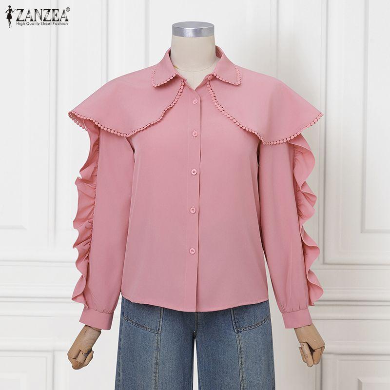 ZANZEA Women Casual Doll Collar Loose Long Sleeve Blouse