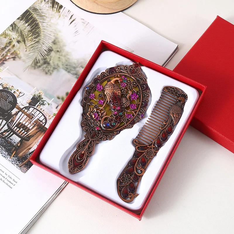 Peacock Design Vanity Mirror and Comb (2Pcs/Set) - Round Shape Embossed Metal Handheld Style