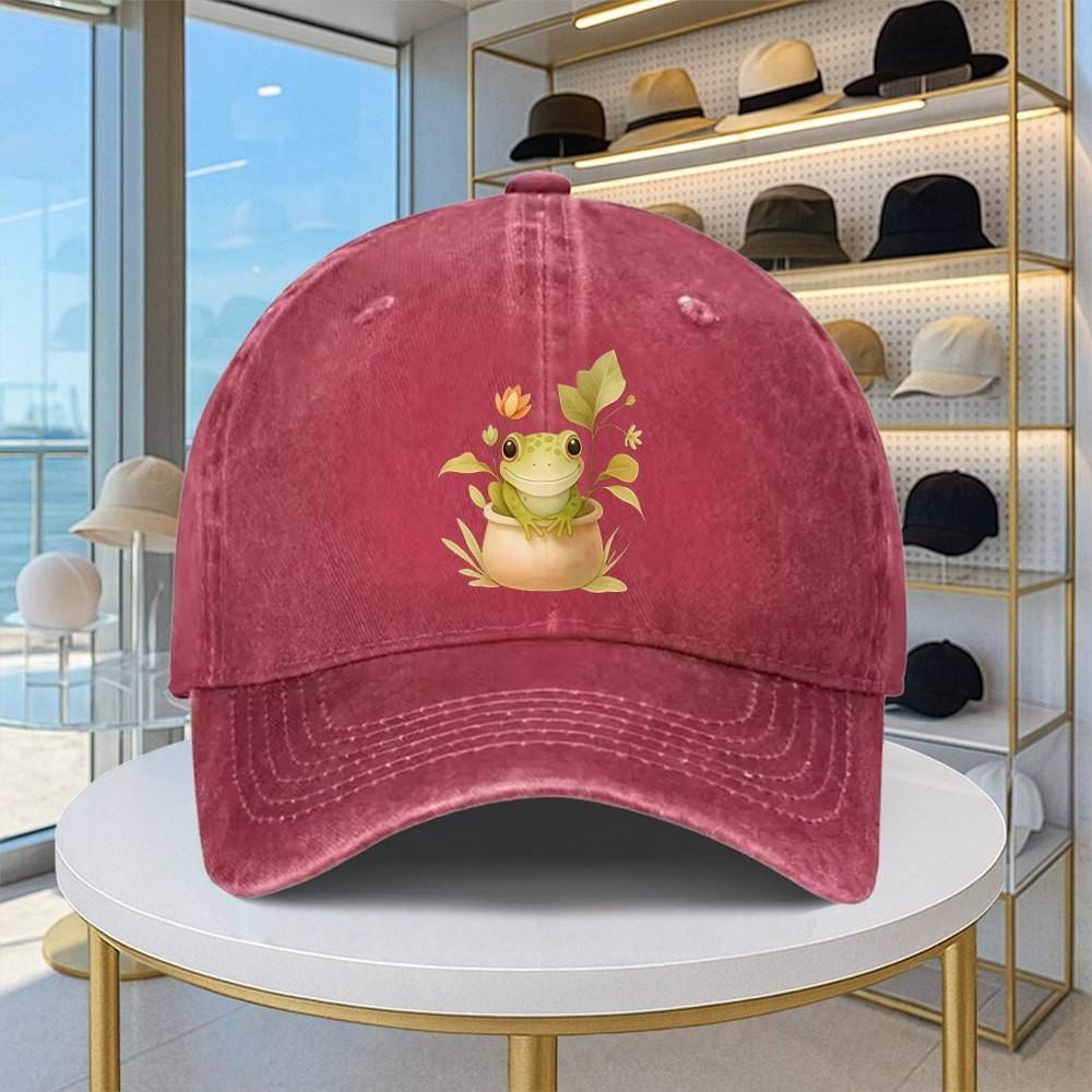 Cute Cartoon Frog Print Washed Denim Baseball Cap Adjustable Casual Sun Hat One Size