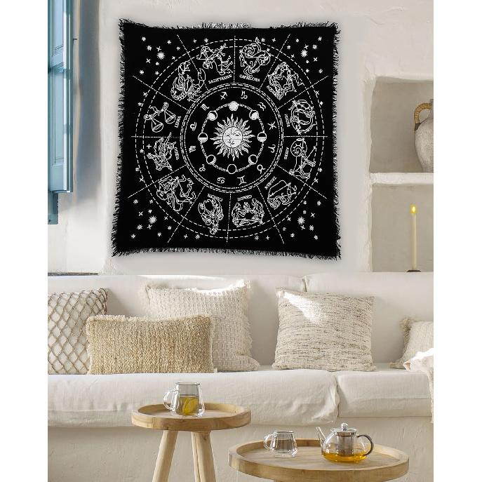 Indian Consigners Altar Cloth Zodiac Astro Witchcraft Alter Tarot Spread Table Cloth Wiccan Spiritual Sacred Cloth (Zodiac Silver)