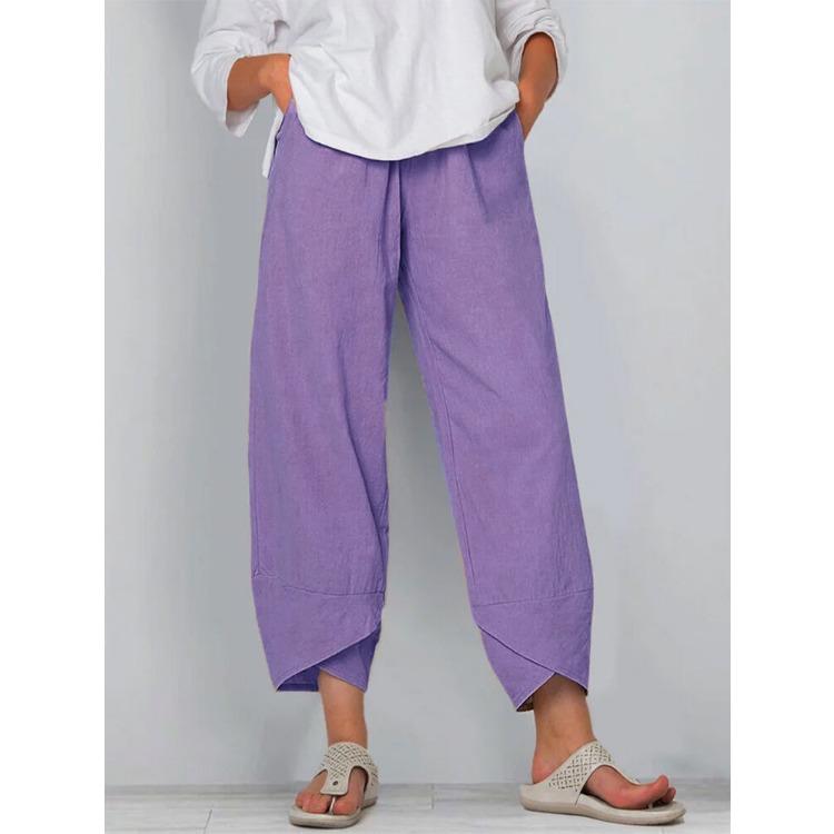 Pantaloni casual larghi in cotone e lino con elastico in vita, pantaloni da casa da donna