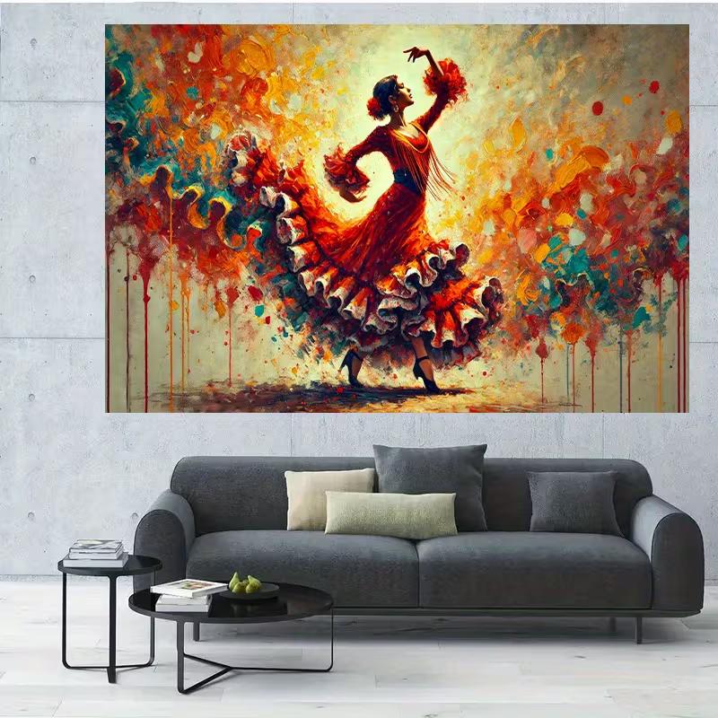 2D Spanish Flamenco Dancer Wall Decor Poster, Colorful Abstract Art Print for Living Room 47.2x31.5inch/120*80cm