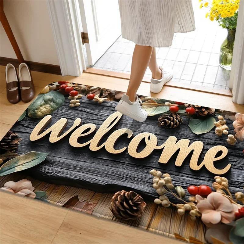 Retro Wooden Floral Welcome Mat Anti Slip Entrance Door Mat Home Decoration Indoor and Outdoor Carpet Bathroom Mat