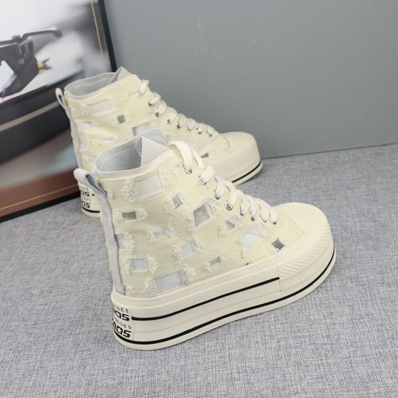 Fashion Women's 10cm Heel Thick Bottom Summer New Breathable Mesh High Top Sneakers Hole Design Lightweight Comfort