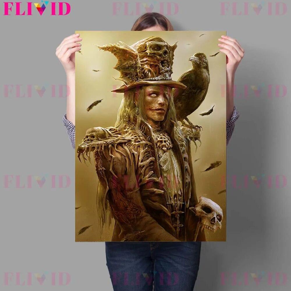 Gothic Dark Terror Girl and Terrifying Devil Retro Mural Oil Painting Decoration Crow House Wizard Poster