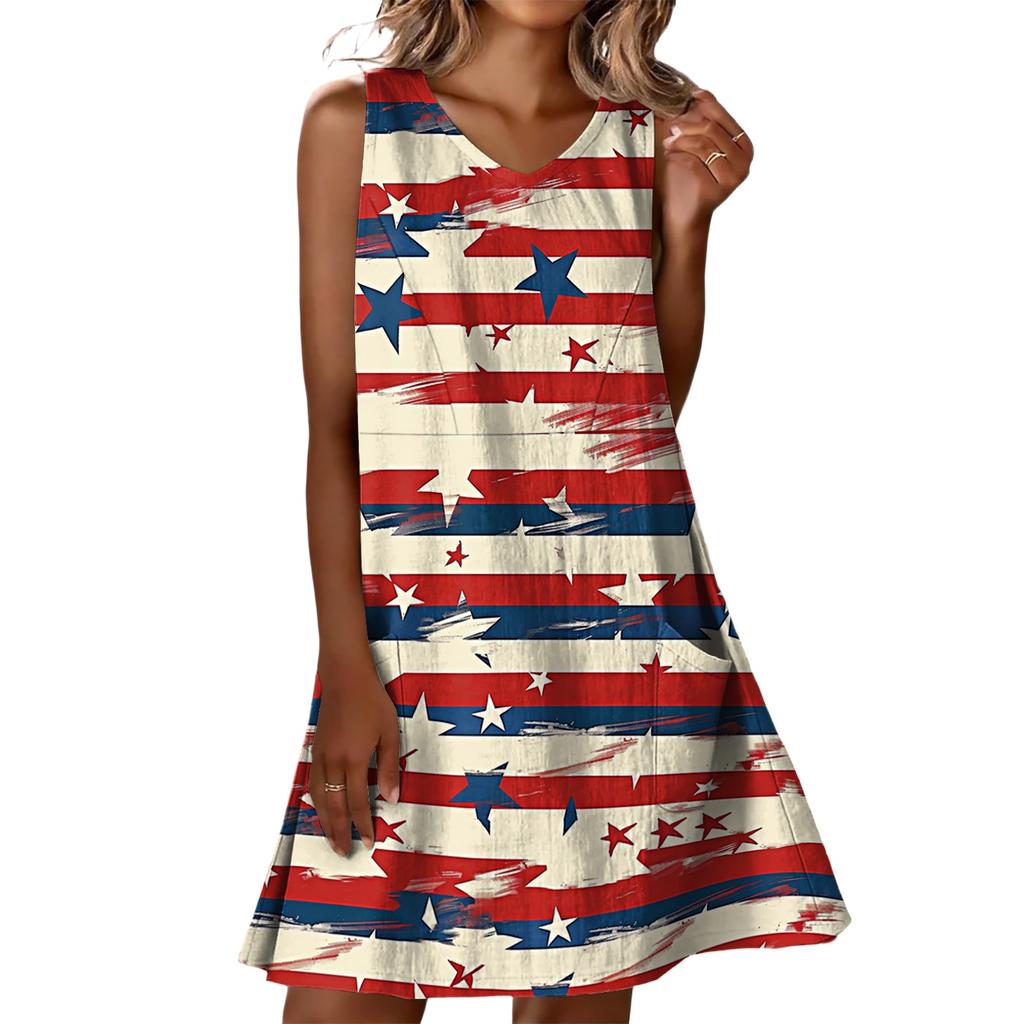 Summer Dresses For Women Loose Beach Vacation Casual Sleeveless V-neck  Sundresses With Pockets Tank Dress