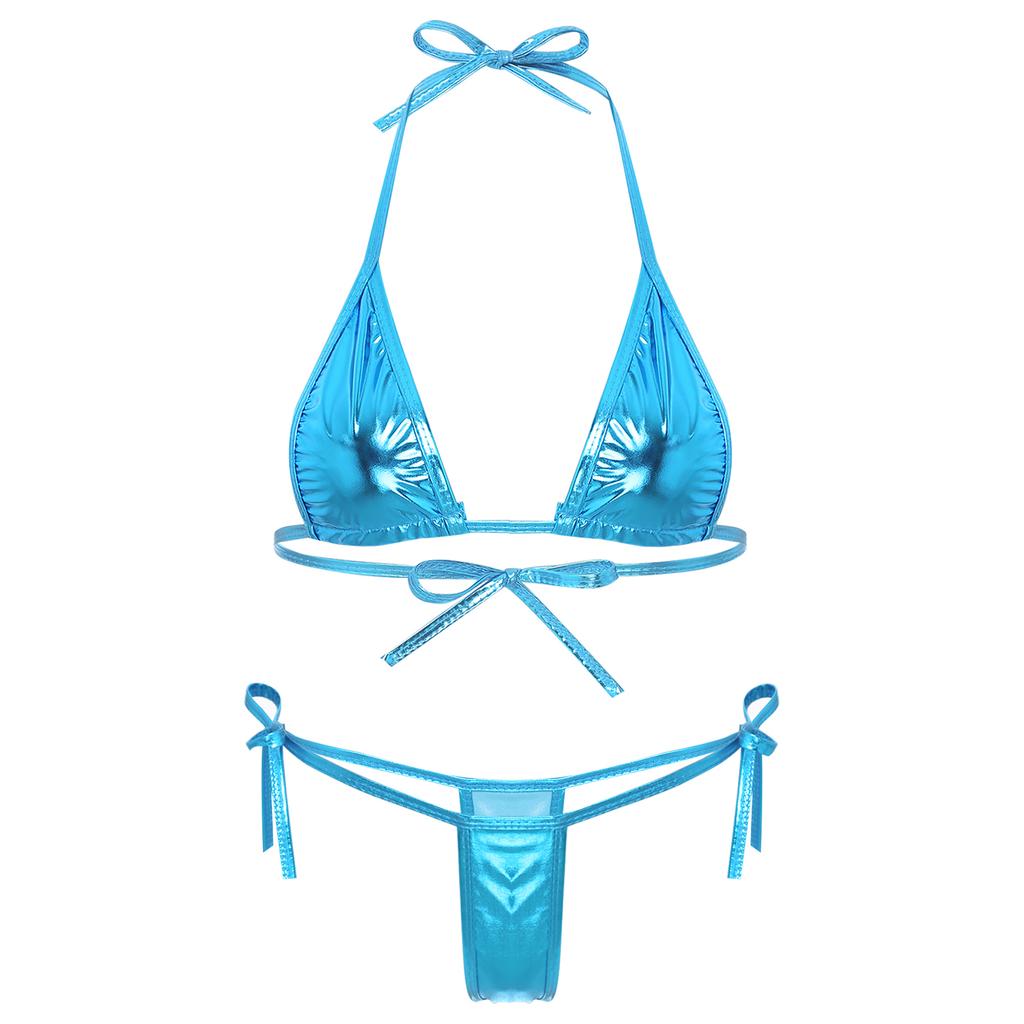 Womens Metallic Bikini Set Lacing Triangle Top G String Swimwear for Pool Parties