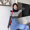 Autumn and Winter Retro Striped Sweater High Collar Pullover Head Hundred Long-sleeved Knitted Sweater Female Slim Thin Bottoming Shirt Top