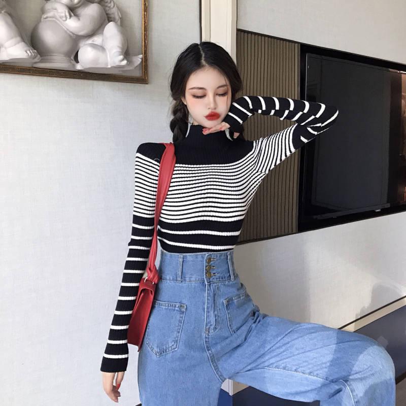 Autumn and Winter Retro Striped Sweater High Collar Pullover Head Hundred Long-sleeved Knitted Sweater Female Slim Thin Bottoming Shirt Top