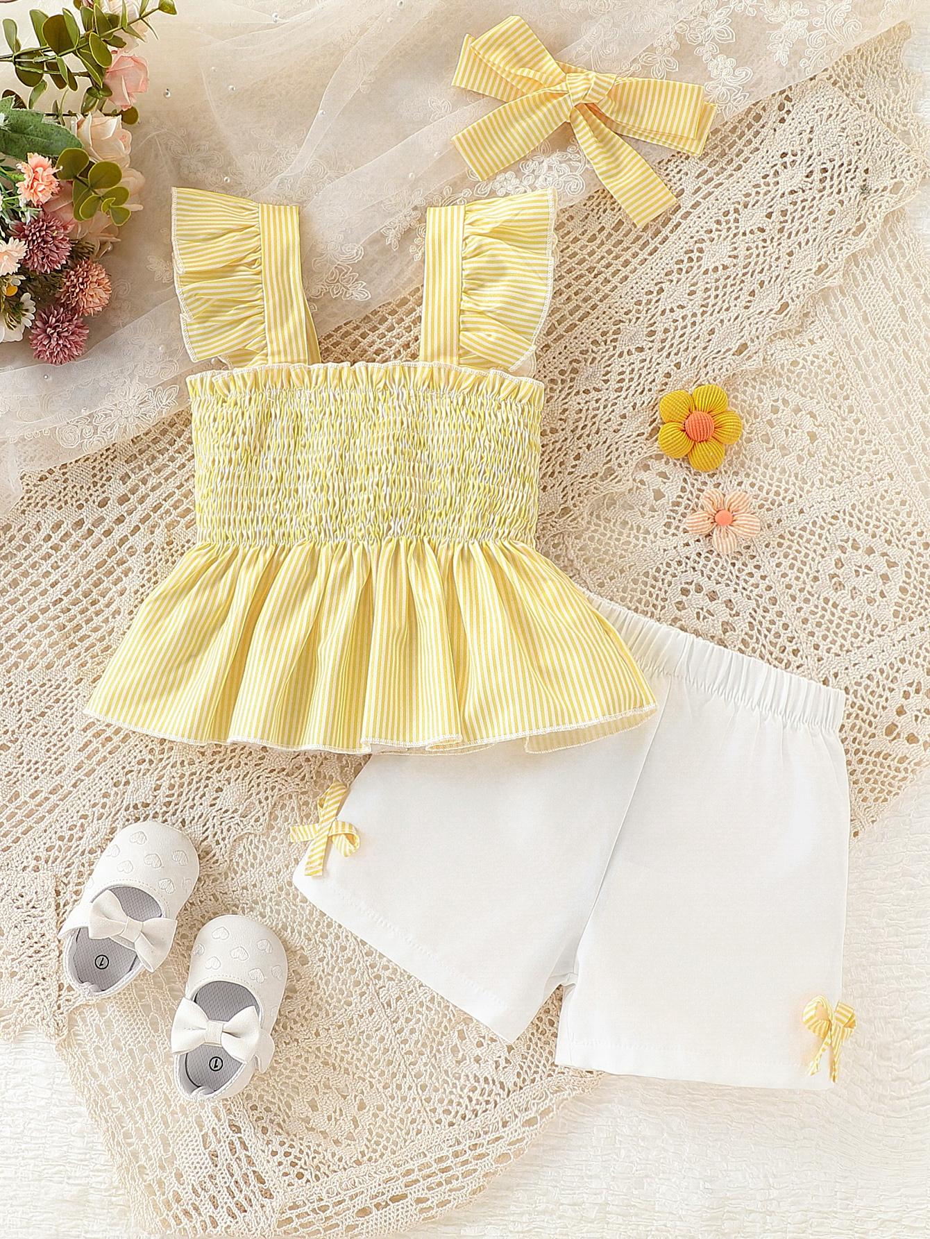 Girls Summer Outfit Set 1-8Y Blue Stripe Ruffle Sleeve Top Shorts with Headband 3PCS Kids Clothing for Toddler Girl 18-24M