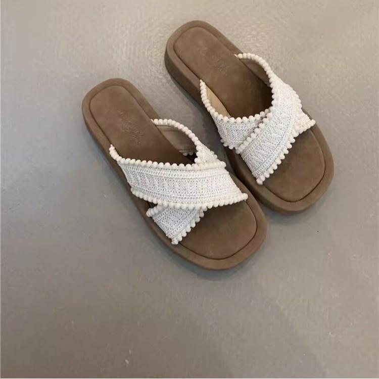 Ethnic Cool Slippers 2025 New Summer Vintage Woven Cross Bohemian Student Flat Roman Shoes