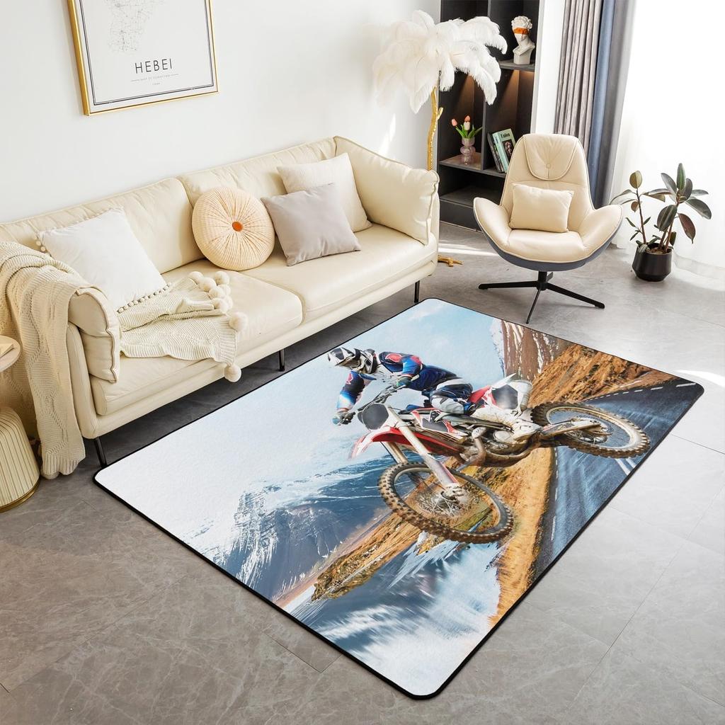 Teen Dirt Bike Area Rug for Living Room Motocross Rider Floor Mat Motorbike Extreme Sport Carpet Snow Mountain Landscape Doormat