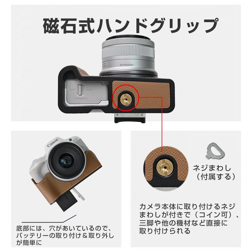 ITARUKEN Camera Half Case for Canon EOS PU Leather with Hand Tripod Protective and Shoulder Khaki R50, Grip, Hole, Cover, Strap,