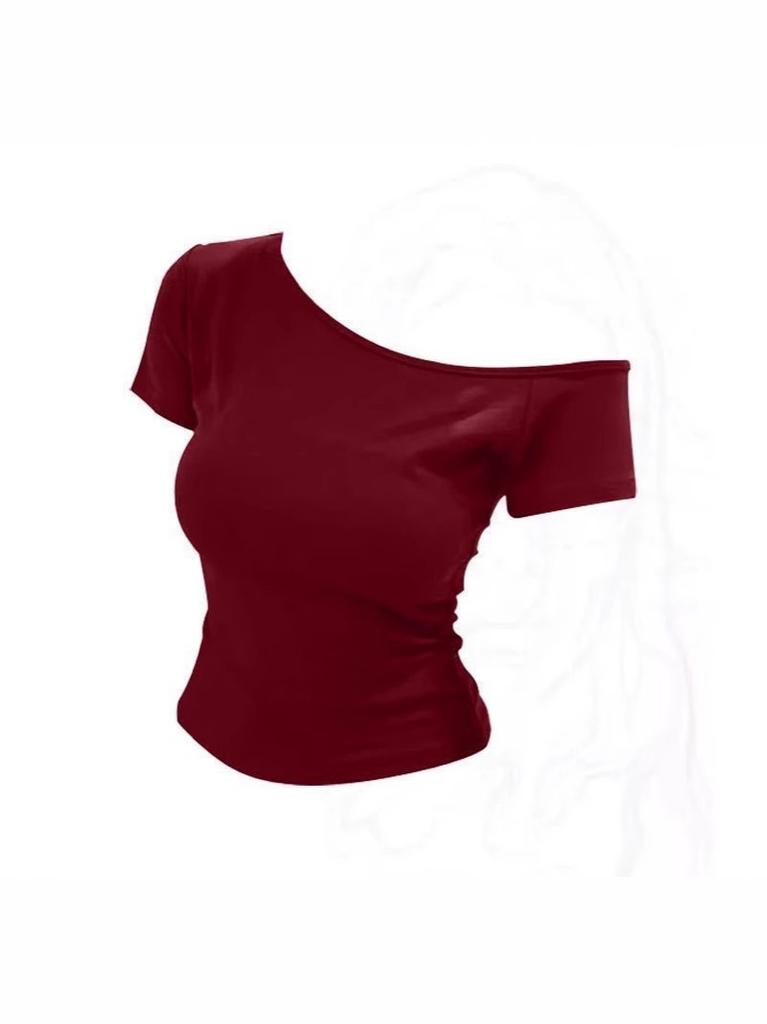 Vitality Spice Girl Slant Shoulder Short Sleeve Top Women's Design Sense Summer Solid Color Off-Shoulder Clavicle Skinny Versatile Temperament T-Shirt