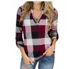 Women Vintage V-neck Loose Tops Long Sleeve Stylish T-shirt With Plaid Casual Design