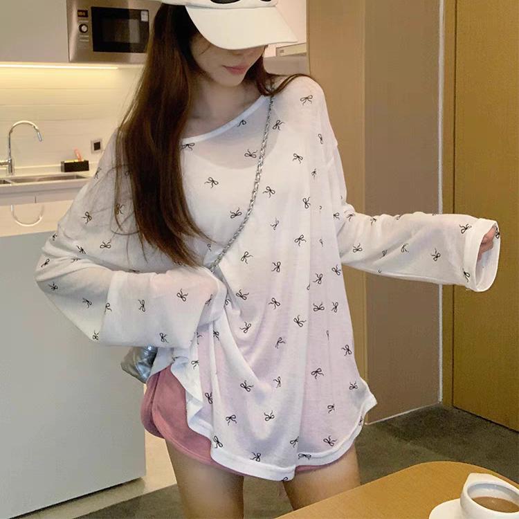 2025 Summer Bow Print Long Sleeve T-shirts for Women's Casual Loose and Thin Slightly Transparent Sun Protection Cover Top White Black T Shirt