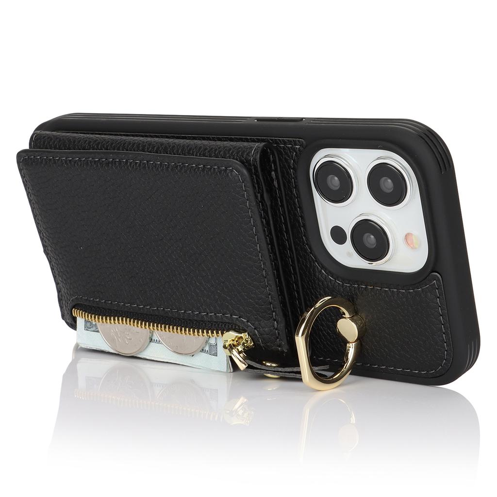 Für iPhone 13 Pro Max/12 Pro Max Hülle Litschi-Textur Kartenfach Leder+TPU Handyhülle mit langem Umhängeband