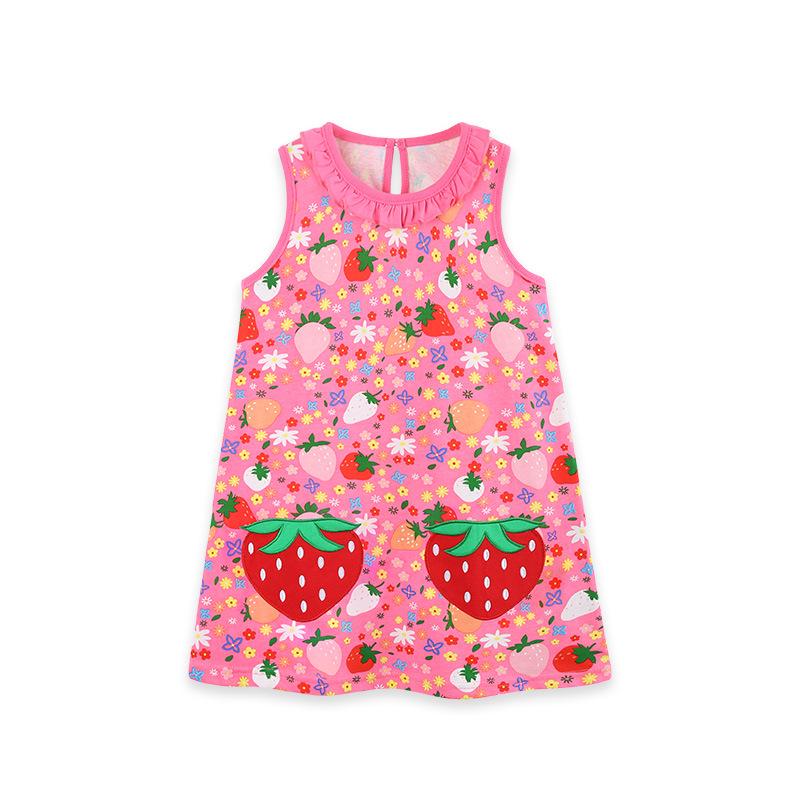 European Style Strawberry Print Girls Summer Dress - Knitted Cotton Toddler Princess Skirt 5Y