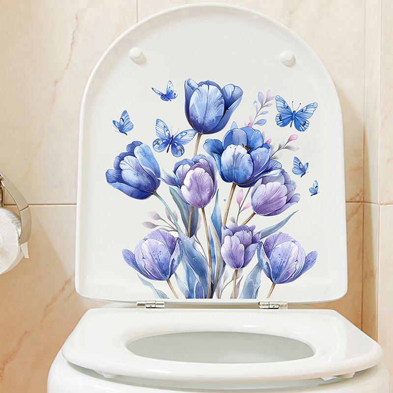 Badezimmer-WC-Aufkleber, modernes minimalistisches blaues Blumen-Schmetterlingsmuster, selbstklebende Gemälde für die Badezimmer-Wohnzimmerdekoration