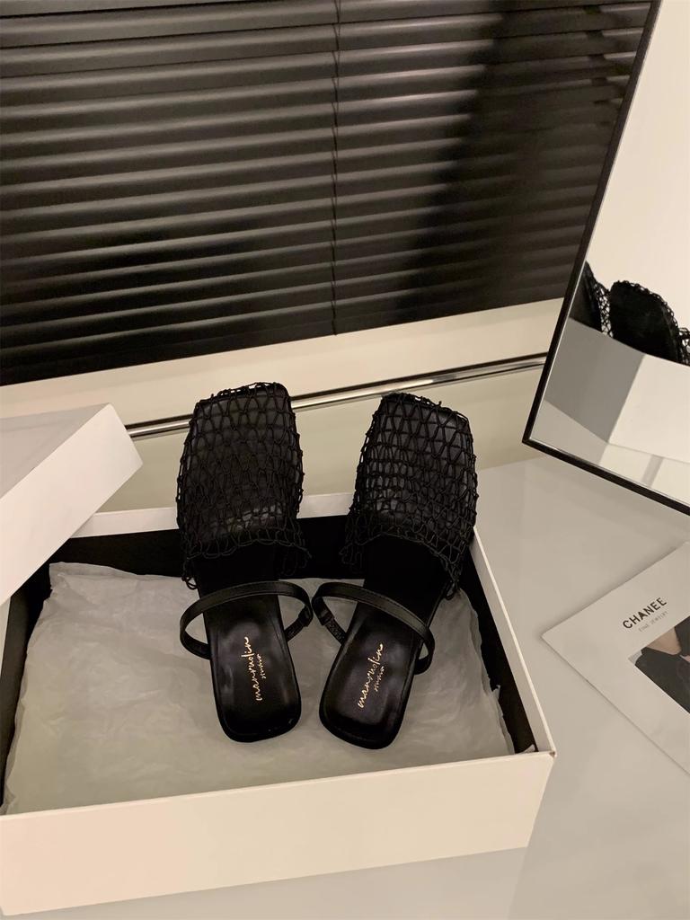 2025 summer French woven mesh hollow bag head half slippers women's shoes wear wedge heels high heels Roman sandals