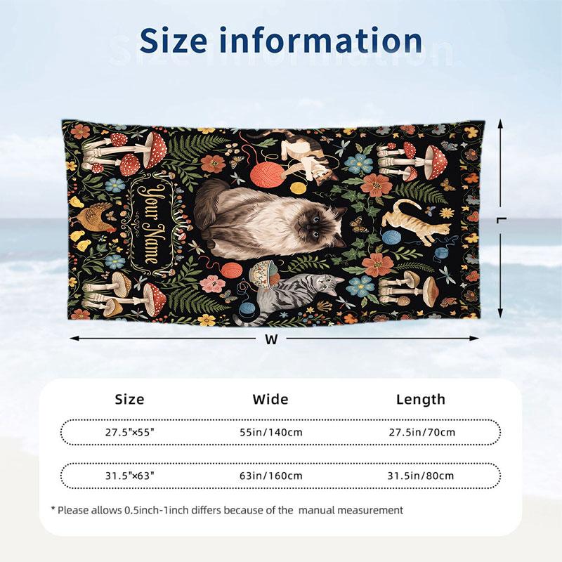 Whimsical Cat Mandala Art Theme Quick Dry Beach Towel Custom Name Text Print Large Sand Resistant Towel Beach Vacation