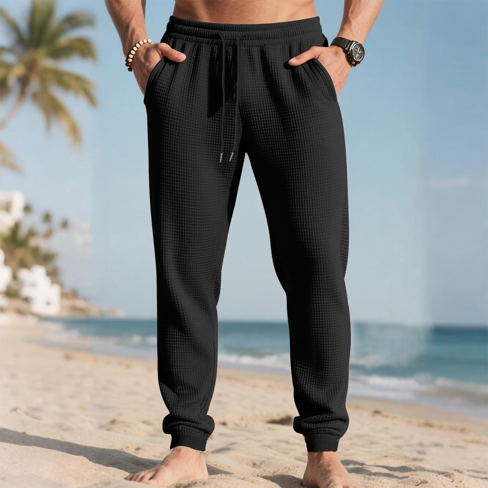 

Мужские длинные брюки, эластичный пояс на кулиске, легкие, облегающего кроя, с карманами, удобные и дышащие льняные длинные брюки L чёрный