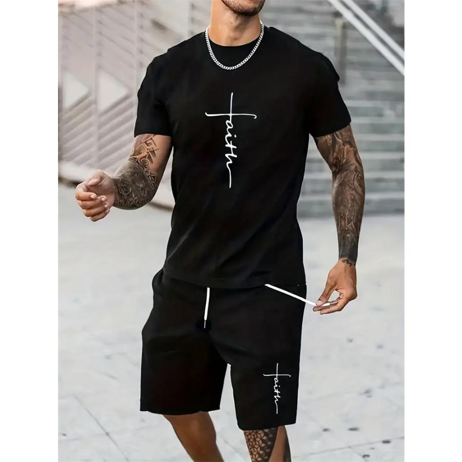 Mens T Shirt Shorts Set Fashion Mens Cross Printed Short Sleeve Two Pieces Oversized Outdoor Beach Sports Men's Plus Size Suit