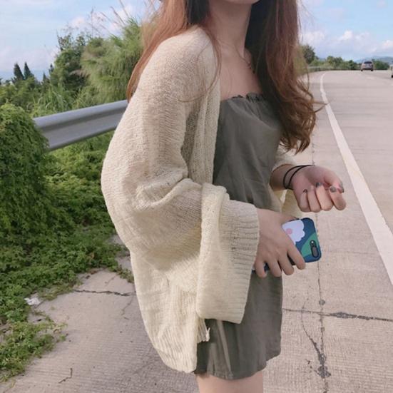 Summer Sun Coat Open Stitch Cardigan Loose Solid Knitted Long Sleeves Office AC Warm Shawl Outdoor