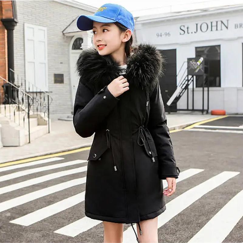 Winter Teen Girls Jacket Velvet Warm Kids Windbreaker Coat for Girls Fur Collar Hooded Parkas Children Outerwear