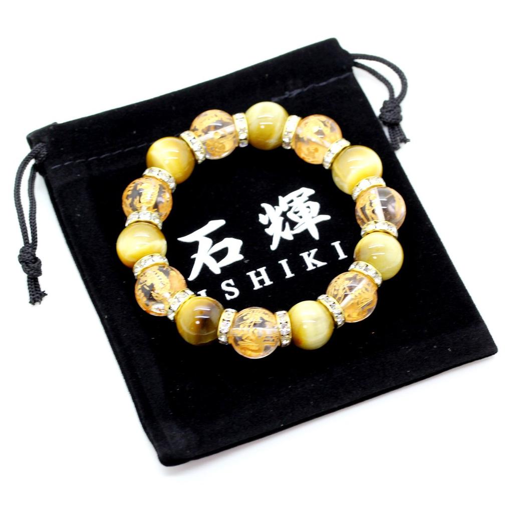 Sekihui Golden Tiger Eye 14mm Four Gods Crystal Bracelet Four Divine Beasts Carved Power Stone Fortune Lucky Amulet Unisex Stretchable 17cm Gift