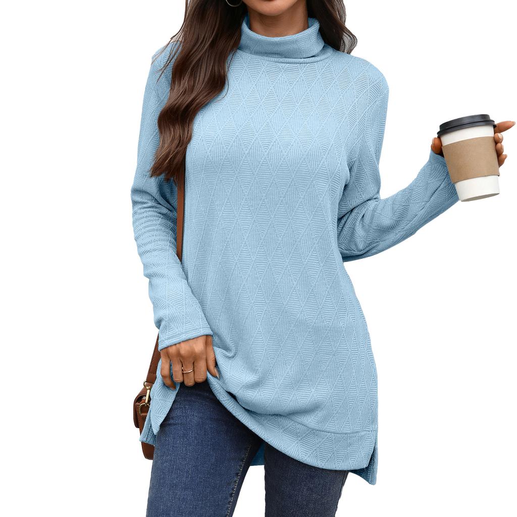 New Solid-color High-neck Loose Long-sleeved Slit T-shirt Top for Women In Autumn and Winter