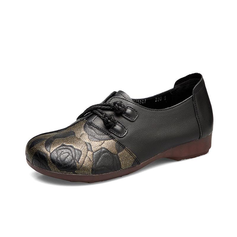 Mum Shoes Winter New Middle-aged Flat Shoes Head Layer Cowhide Soft Bottom Non-slip Leather Shoes Ethnic Wind Women's Shoes