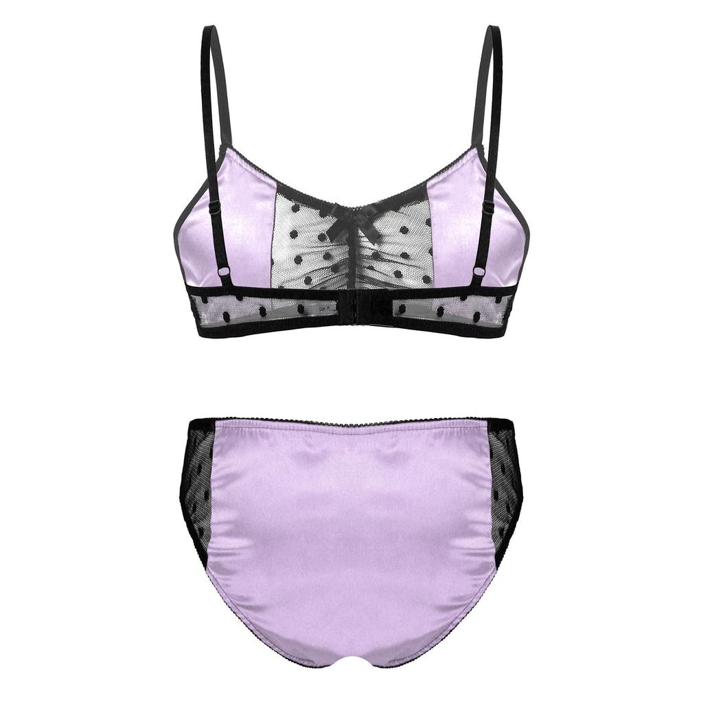 Sissy Lingerie Nightwear for Men Satin Sheer Mesh Bra Top Adjustable Spaghetti Straps with Matching Thong Briefs