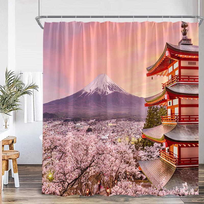 Autumn Landscape Shower Curtains Red Maple Trees Pavilion Arch Bridge Park Nature Scenery Home Bathroom Decor Bath Curtain Set